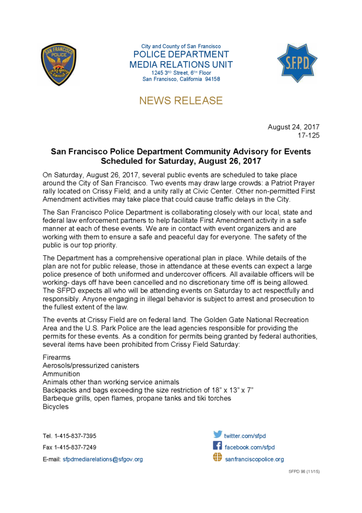 San Francisco Police Department Community Advisory for Events